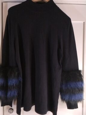 Alfani Black Sweater with Blue and Black Faux Fur Cuffs